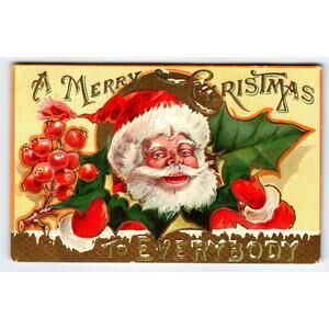 Santa Claus Christmas Postcard 1908 Embossed Happy Jolly Saint Nick Holly Berry